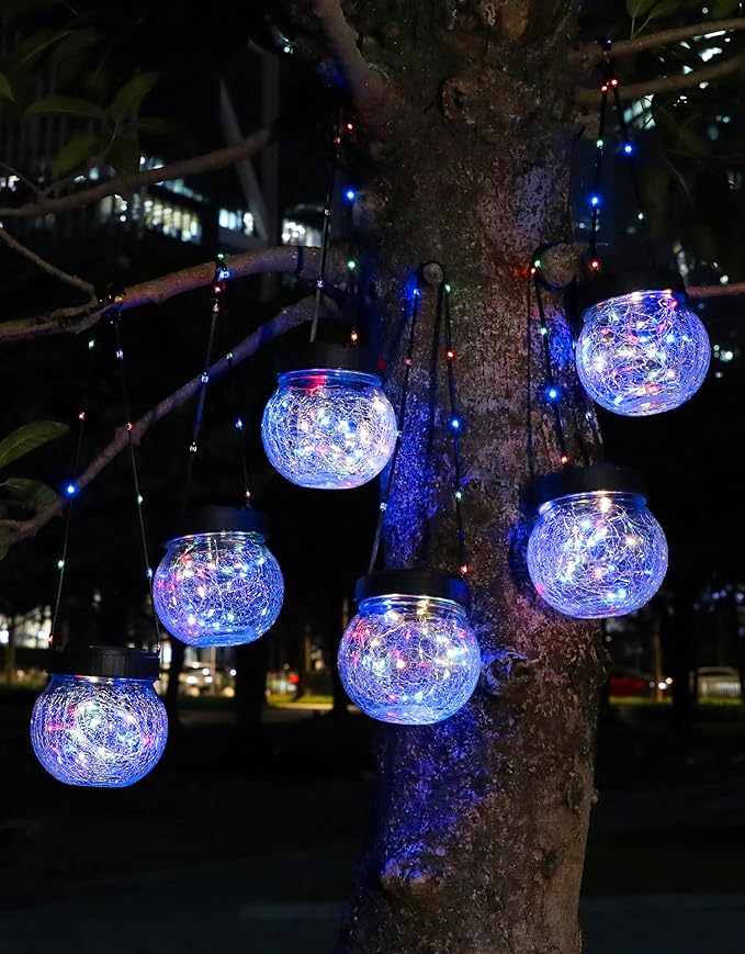 PARTPHONER Solar Lantern Solar Lights Outdoor Waterproof 18-Pack, Solar Powered Hanging Lights Cracked Glass Hanging Globes for Christmas Decoration, Shepherd Hook, Garden Tree Ornaments, Multi-Color