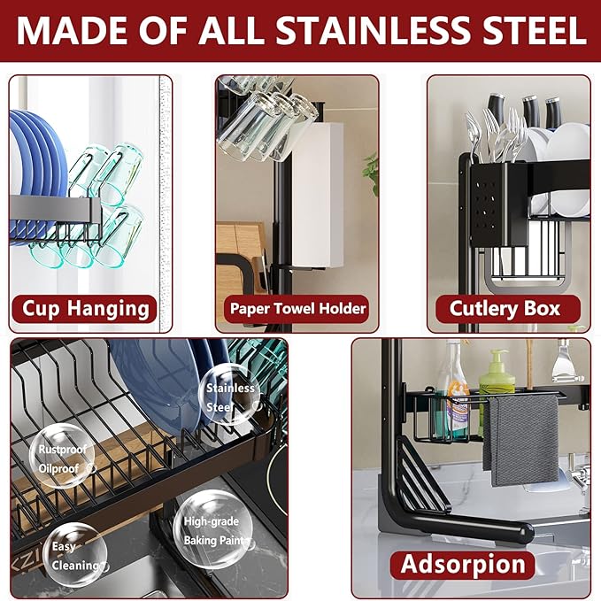 VNKZI Over Sink Dish Drying Rack, 2 Tier Stainless Steel Storage Adjustable Length (25.98'' to 36.61'') Kitchen Rack, Multifunctional Expandable Counter Organizer, Space Saver Dish Rack