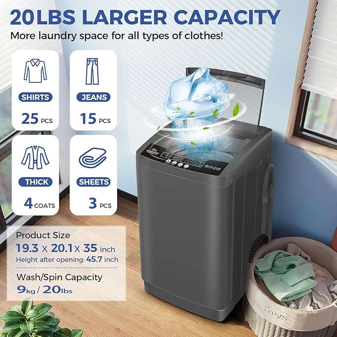 Nictemaw Portable Washing Machine 20Lbs Portable Washer with Drain Pump, 2.8 Cu.ft Compact Washer Machine with 10 Programs 8 Water Levels Compact Laundry Machine for Apartment, Home, Dorms, Rv
