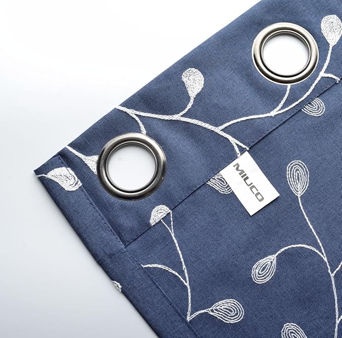 MIUCO Floral Embroidered Semi Sheer Curtains Faux Linen Grommet Curtains for Bedroom 52 x 84 Inch 2 Panels, Navy Blue