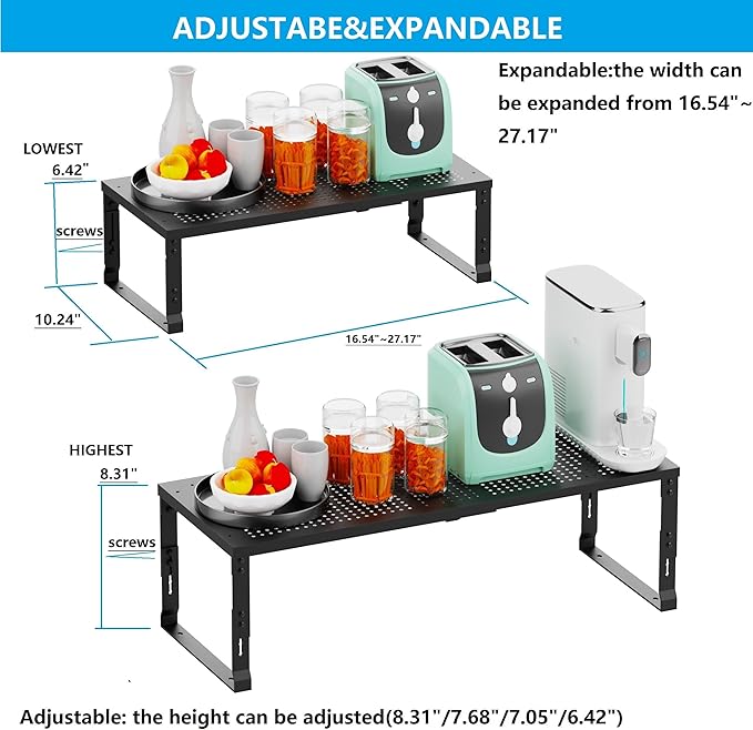 Expandable Spice Rack,Stackable Storage for Cabinet, Multi-Functional Kitchen Shelving,Height-Adjustable,Sustainable Organizer Solution(1Pack/Black/Large)