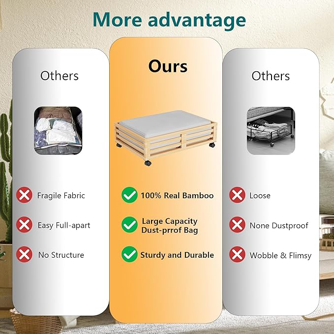 Bamboo Under Bed Storage Containers- Underbed Organizer with Wheels with Large Dust Bag,Sturdy Wood Rolling Under the Bed Shoe Storage Organizer Drawer 2 Packs (Nature, Small)