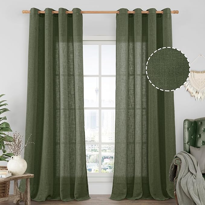 LAMIT Olive Green Linen Sheer Curtains 90 inch for Living Room, Soft Thick Bronze Grommet Light Filtering Boho Window Textured Neutral Drapes for Bedroom Farmhouse, 2 Panels Set, 52 x 90 Inch