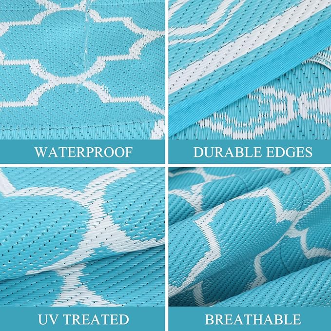 GAOMON Outdoor Rug for Patio 5'x8' Reversible Plastic Rugs Camping Mat for Outdoor, RV, Backyard, Deck, Balcony, Picnic, Beach, Teal/White(Geometric)