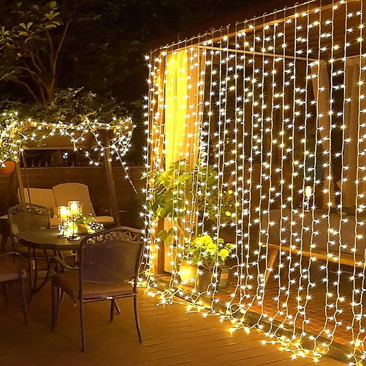 JMEXSUSS 300 LED Remote Control Curtain Lights, Plug in Fairy Curtain Lights Outdoor, Window Wall Hanging String Lights for Bedroom Backdrop Wedding Party Indoor Christmas Patio Dorm Decor, Warm White