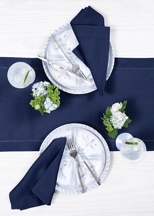 Solino Home Linen Navy Table Runner 60 Inches - Classic Hemstitch, 100% Pure Linen Coffee Table Runner 14 x 60 Inch Ideal for Dresser Tables - Fall, Autumn, Halloween, Thanksgiving