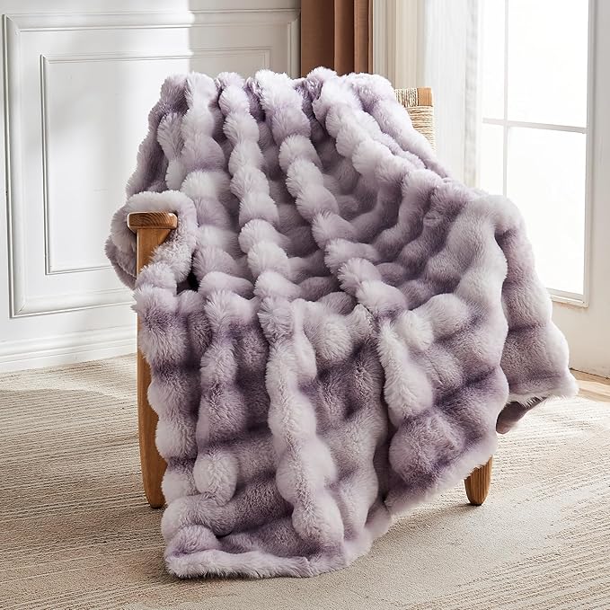 Lotus Karen Faux Fur Throw Blanket Tie-Dye Purple-Big Bubble Rabbit Fluff Blanket for Couch,Small Fluffy Fuzzy Cozy Blanket,Thick Furry Plush Shaggy Blankets,50x60 Inches
