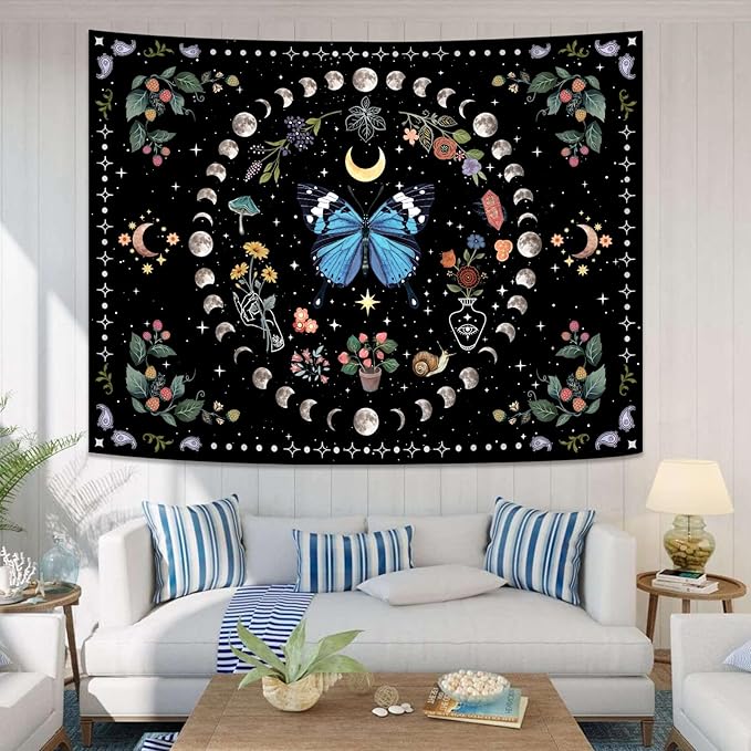 Aipon Blue Butterfly Moon Flower Boho Floral Tapestry for Bedroom & Living Room (60.00'' 80.00'', Blue)