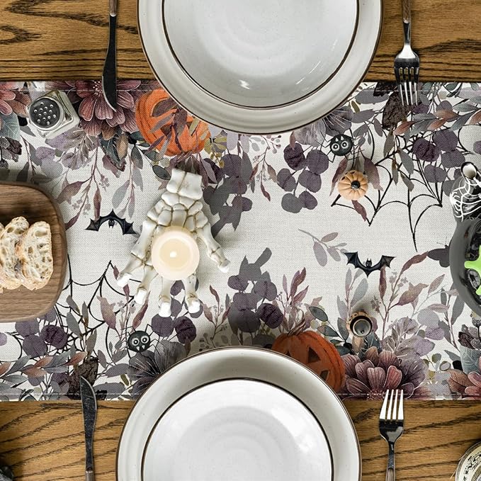 Artoid Mode Jack-O'-Lantern Pumpkin Floral Ghost Halloween Table Runner, Eucalyptus Kitchen Dining Table Decoration for Home Party Decor 13x108 Inch