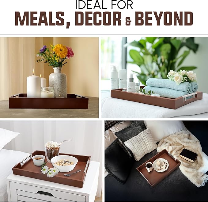 Acacia Wood Serving Tray with Handles - 17" x 13" Rectangular, Decorative Ottoman Tray for Living Room, Coffee Table, Breakfast in Bed, Candle Display