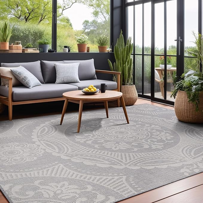 Medallion Outdoor Rug 8x10 Washable Outside Carpet for Indoor Patio Porch Waterproof Easy Cleaning Non Shedding Area Rugs Gray 8 x 10