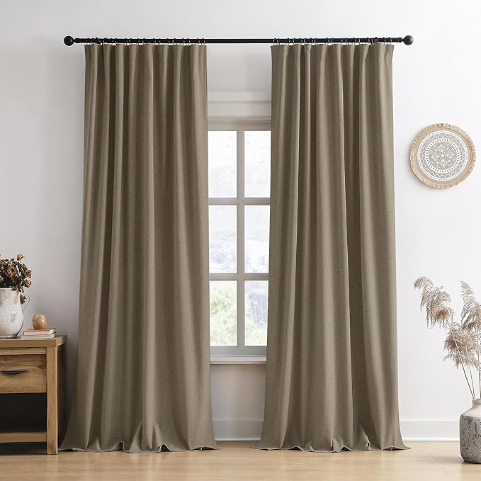 Linen Brown Blackout Curtains 132 Inch Long 11ft Pleated Look Hidden Tab Drapes with Hooks High Living Room Linen Blend Sound Reducing Wall Tall Curtains for High Ceiling Long Window W50xL132