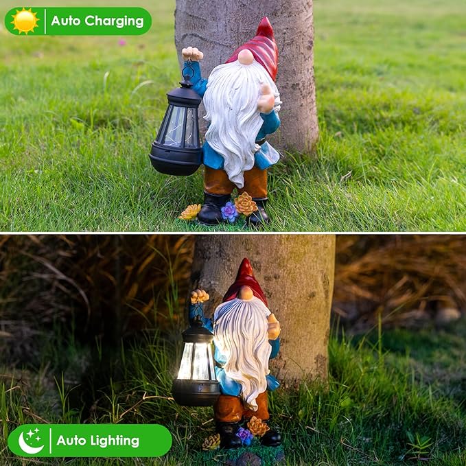 Solar Garden Statue Lights Gnome Figurine with Solar Lantern, Outdoor Garden Succulent Ornaments Waterproof, Fathers Day Mom Gifts for Outside Patio Yard Lawn Decor