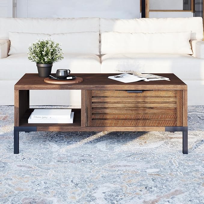 Bme Millie Coffee Tables for Living Room - Industrial Rustic - Two Drawers - Open Shelf - Rustic Scuffed Texture - Convenient Metal Handle and Sturdy Legs with Levelers - Easy Assembly - Chestnut
