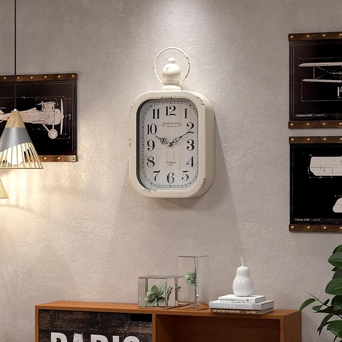 Menterry Small Retro Rectangle Wall Clock, White Antique Vintage Style, Battery Operated Silent Decor Wall Clocks for Farmhouse,Bedroom,Kitchen,Bathroom (11" H x 6.1" W)