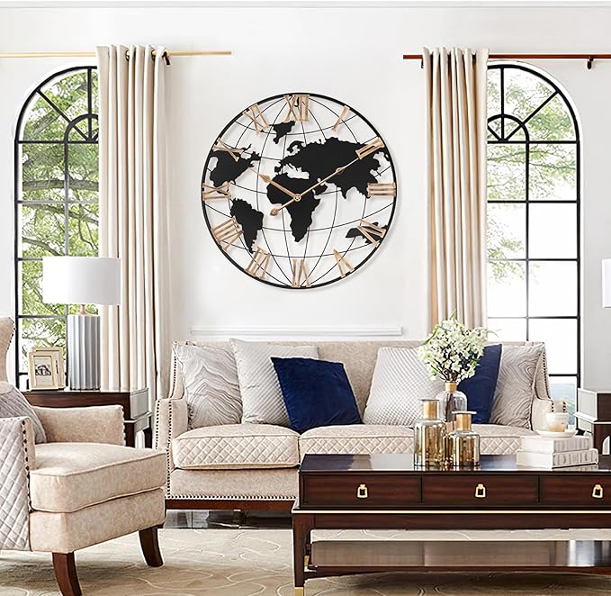 20 Inch Large Wall Clock for Living Room Decor,Big Modern Decorative Silent World Map Metal Wall Clock with Vintage Gold Roman Numeral for Office,Living Room,Kitchen,Dining Room