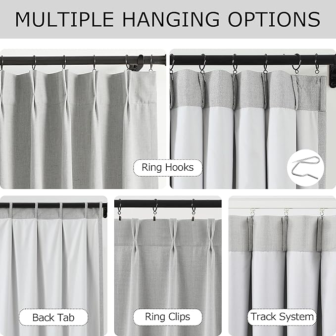 Vision Home Light Gray Pinch Pleated Full Blackout Curtains Linen Blended 60" Wide Thermal Insulated Window Panels 90 inch for Bedroom Living Room Darkening Pleat Drapes with Hooks Back Tab 60"Wx90Lx1