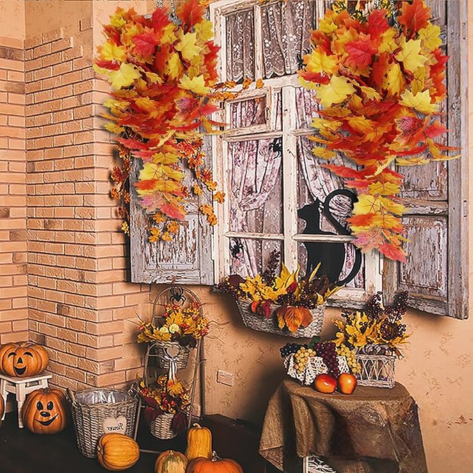 Fall Maple Leaf Hanging Plants Artificial Autumn Leaves Vines Outdoor Autumn Outdoor Decor, Artificial Fall Maple Leaves, Hanging Plants for Autumn Harvest Festival, Fake Plants Indoor(Yellow)