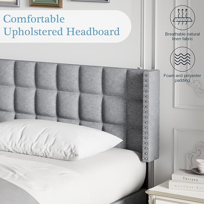 VECELO Headboard Queen Size, Linen Upholstered Headboards Only with Nailhead Trim Wingback, Square Stitched Design, Adjustable Height from 40" to 49.8", Light Grey