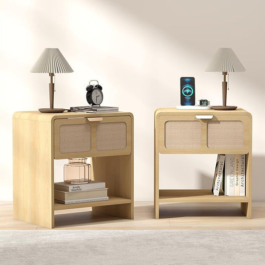 LEVNARY Nightstand Set of 2, Mid-Century Modern Bedside Table with Charging Station and Fabric-Like Textured Drawer, Wooden End Table for Farmhouse Bedroom Living Room (2, Natural)
