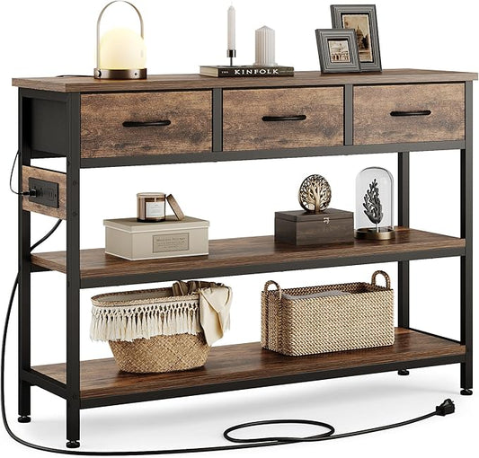 Lulive Entryway Table with Power Outlets, Console Table with 3 Fabric Drawers, Sofa Table for Living Room, Hallway, Couch, Foyer, Height Adjustable (Rustic Brown, 43")