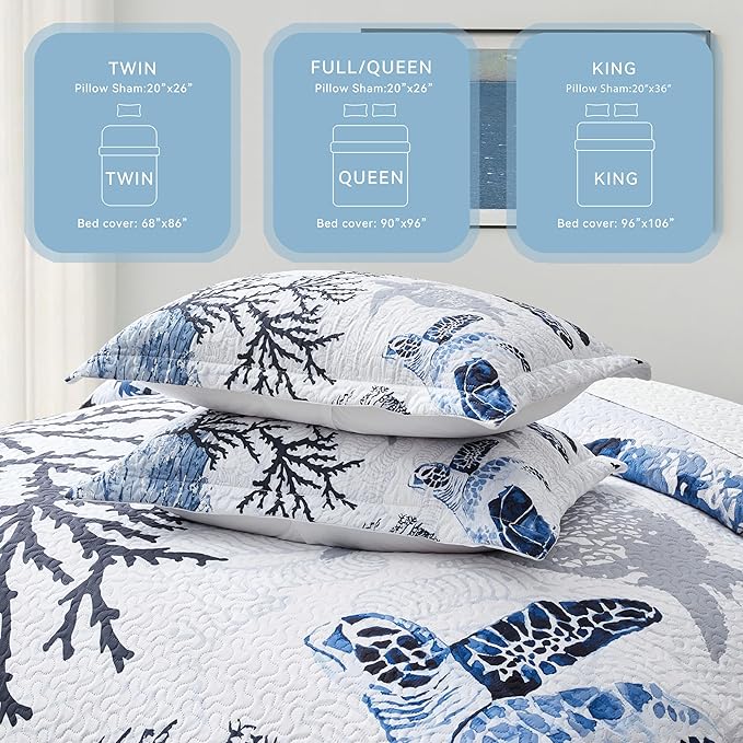 Coastal Bedding King Size Coastal Quilt with 2 Shams, Nautical Beach Comforter Sets Ocean Bedspreads Blue Seaturtle Coverlet Summer Bedding, 96''x106''