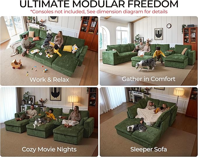 Oversized Modular Sofa Comfy Cloud Couch with Storage, Extra Deep Plush Sectional Sofa Set for Living Room, Covers Washable, Chenille, Olar (Green, 6-seatser with Corner & Ottoman, v-Shaped)