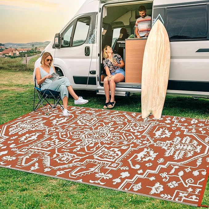 Outdoor Rug 8x10 Waterproof Reversible Plastic Straw Mat, UV-Resistant Vintage Medallion Camping Carpet for Patio, Deck, Balcony, Picnic, Large Outside Floor Mat, Vintage Terracotta Brick/White