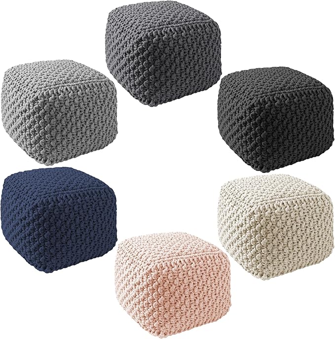 Casafield Square Pouf Ottoman, Light Pink 18.5" W x 18.5" D x 14.5" H Cotton Knit Foot Stool - Boho Floor Pouffe for Living Room, Bedroom, Home Office