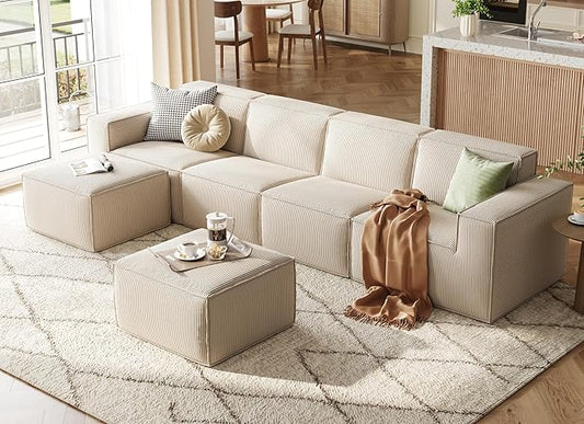 LINSY HOME Modular Sectional Sofa, 134" Boneless Couch U Shaped 4-Seat Sofa with 2 Movable Ottomans, Corduroy Sectional Cloud Couches for Living Room, No Assembly Required, Beige