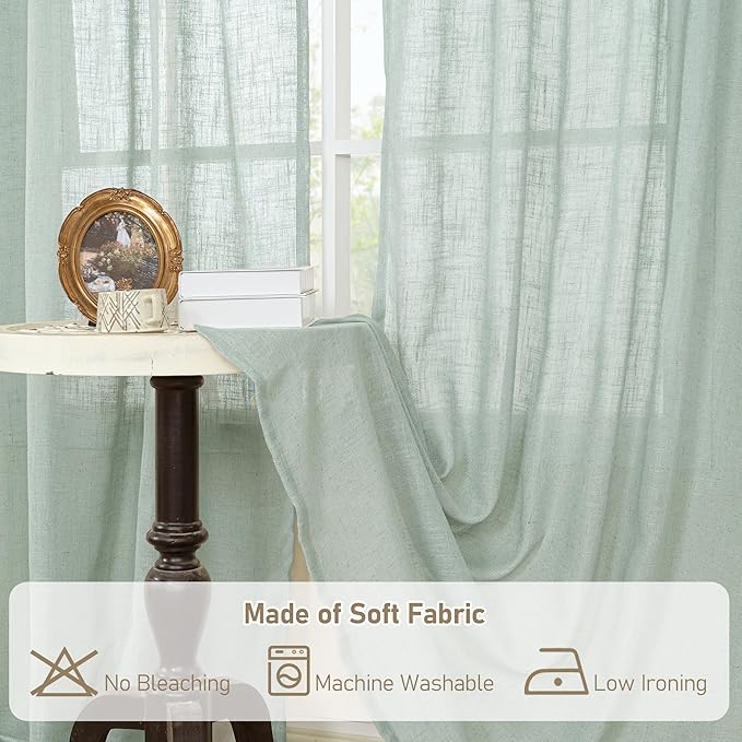 LAMIT Light Sage Linen Curtains 90 Inch for Bedroom, Bronze Grommet Linen Textured Semi Sheer Curtains Light Filtering Drapes for Living Room/Farmhouse, 2 Panels, 52 x 90 Inch