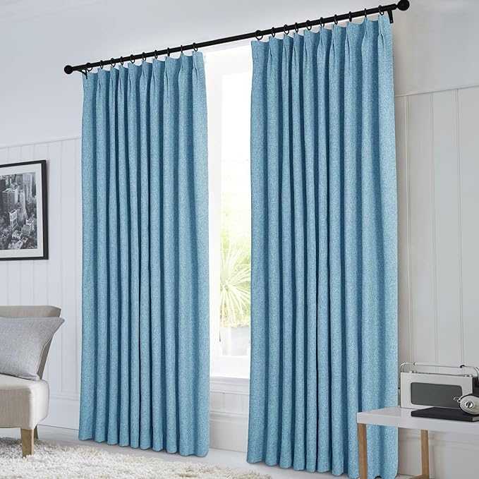 Macochico 100% Blackout Pinch Pleated Linen Curtains 84 Inch Length Thermal Blackout Curtains for Bedroom Living Room Nursery Blue Farmhouse Burlap Curtains with Tieback 52”Wx84”L 1 Panel