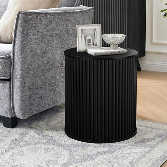AVZEAR Fluted Round Side Table with Storage, Small Mid Century End Table Fluted Nightstands, Modern Circle Bedside Tables Wood Night Stand for Small Spaces, Living Room, Bedroom (Black)