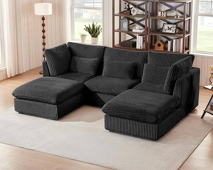 Oversized Modular Sofa, Extra Deep Cloud Corduroy Sectional Couch with Ottoman Chaise, Fluffy Corduroy 5 Seater Sofa Bed for Living Room, Villa (U Shape 5 Seater, Corduroy Black)