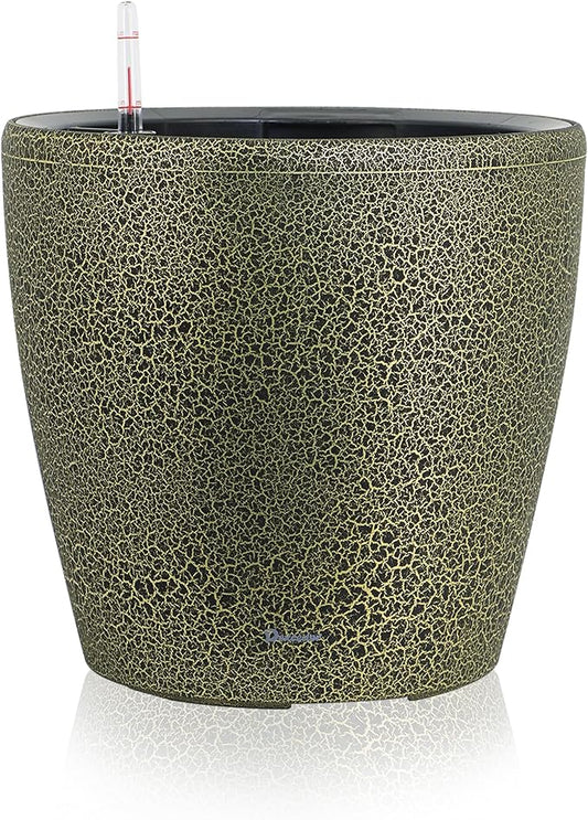 Dexceder 15x14 Self Watering Planter with Wheels Indoor Outdoor, Inner Pot Design, Thickened Large Floor Standing Flower Plant Pot with Water Level Indicator (Black Gold Crackle)