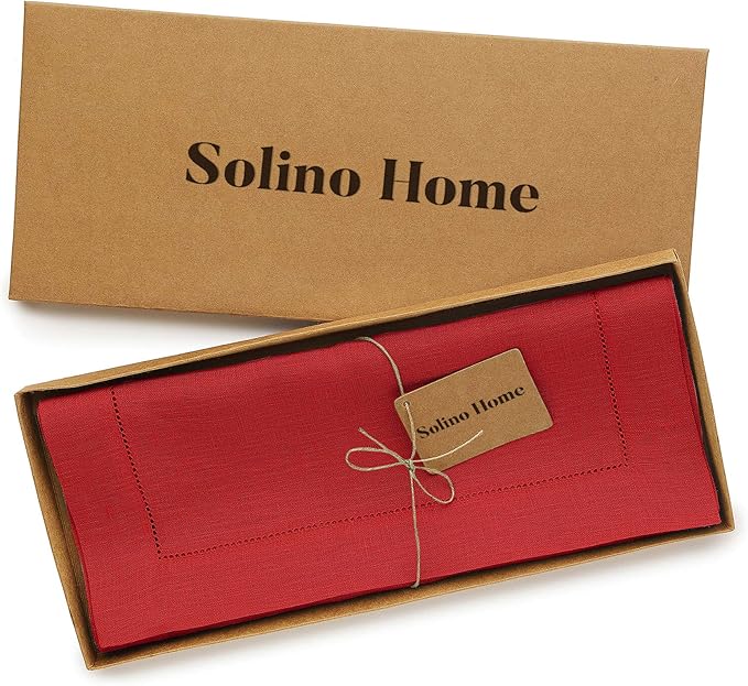 Solino Home Linen Red Table Runner 72 Inches Long - 100% Pure Linen Hemstitch Table Runner 14 x 72 Inch for Dresser, Dining - Classic Hemstitch