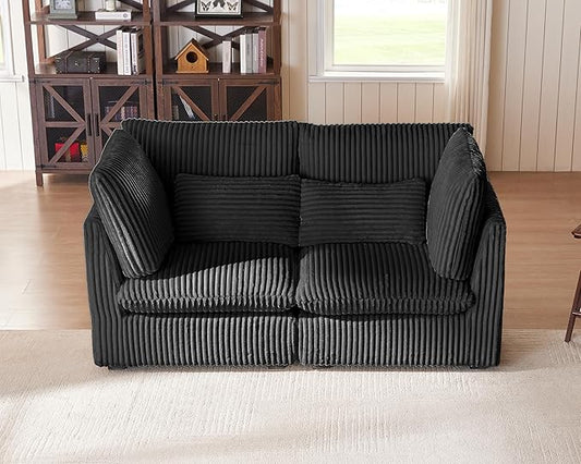 Oversized Modular Sofa, Extra Deep Cloud Corduroy Sectional Couch with Ottoman Chaise, Fluffy Corduroy 2 Seater Sofa Bed for Living Room, Villa (Loveseat Sofa, Corduroy Black)