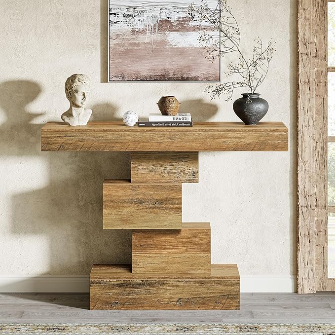Tribesigns 42.5" Farmhouse Console Table, Narrow Wood Sofa Table Behind Couch with Geometric Base, Industrial Entryway Accent Table for Living Room, Hallway, Entrance (Light Brown)