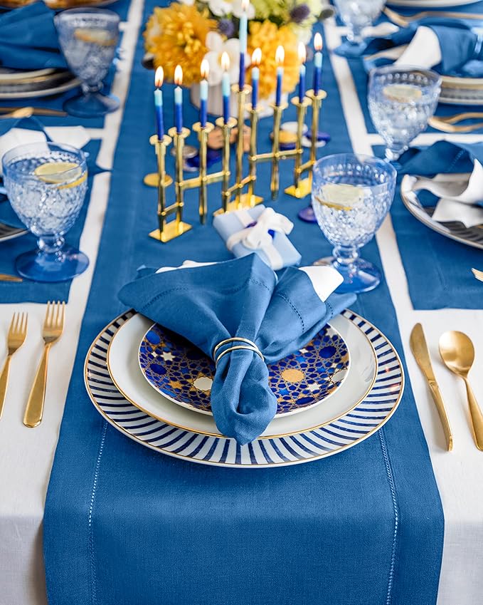 Solino Home Linen Table Runner 48 Inches - 100% Pure Linen Indigo Blue Hemstitch Table Runner 14 x 48 Inch Ideal for Dresser and Coffee Tables - Fall, Autumn - Classic Hemstitch