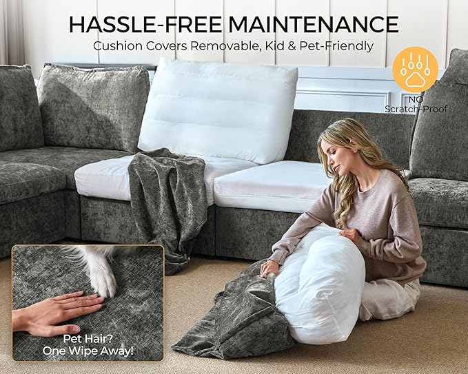 Oversized Modular Sofa Comfy Cloud Couch with Storage, Extra Deep Plush Sectional Sofa Set for Living Room, Covers Washable, Chenille, Olar (Grey, 6-Seater with 2 Corners, u-Shaped)