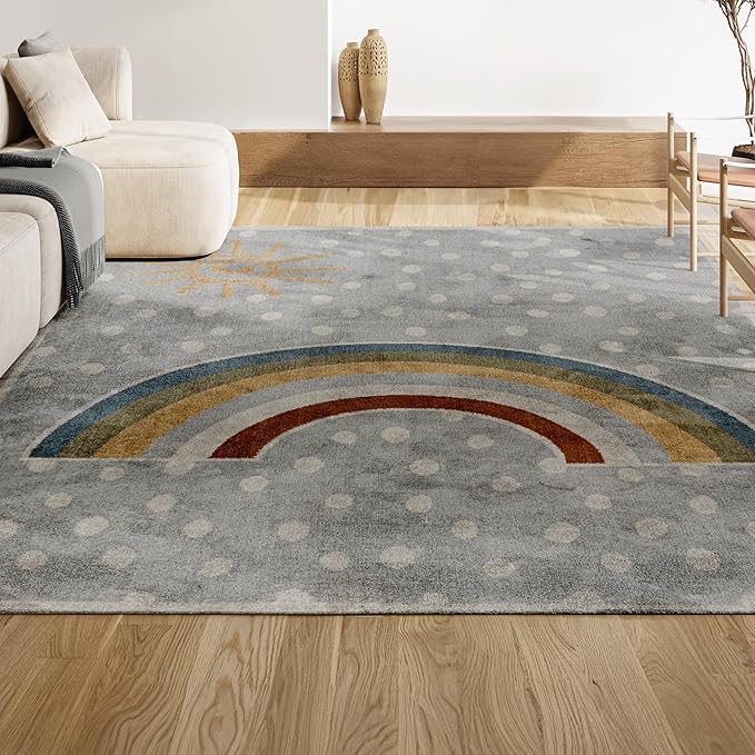 JONATHAN Y Machine-Washable Gray/Ivory/Yellow Indoor Area Rug, 8x10, Minha Rainbow Dots, Kids & Novelty, Casual, Classic, Bedroom, Kitchen, Living Room, Easy-Cleaning, Non-Shedding (KDW102A-8)