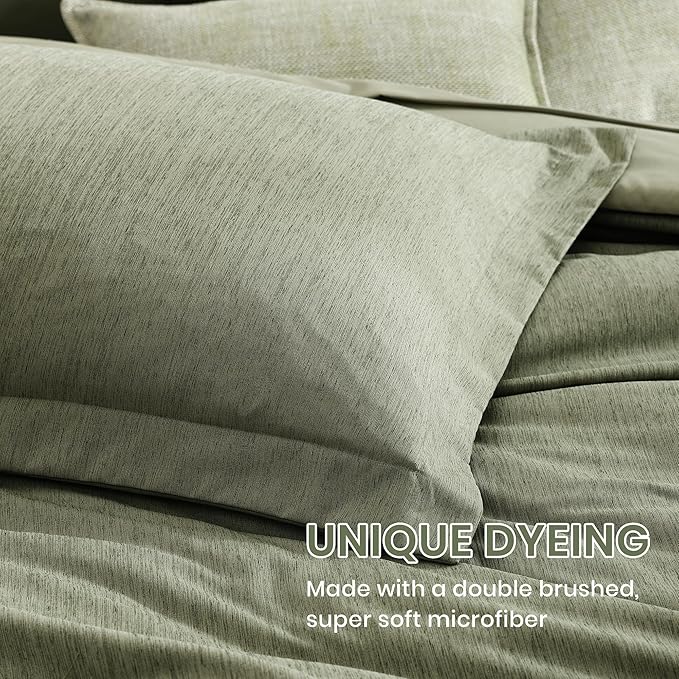 Monbix King Size Comforter Set, Sage Green King Size Bed Set Reversible 7 Pieces, Cationic Dyeing Bed in a Bag with Comforter, Sheets, Pillowcases & Shams