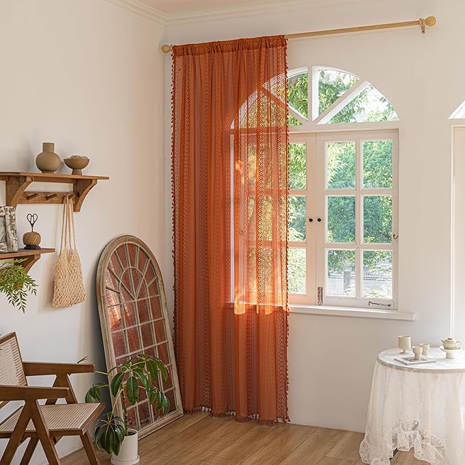 Sutuo Home Boho Curtains for Bedroom Kitchen Crochet Lace Sheer Bohemian Hollow Knitted with Tassels, Window Treatment Privacy Vintage Rustic Farmhouse Drapes, Rod Pocket 1 Panel 59" W x 63" L, Orange