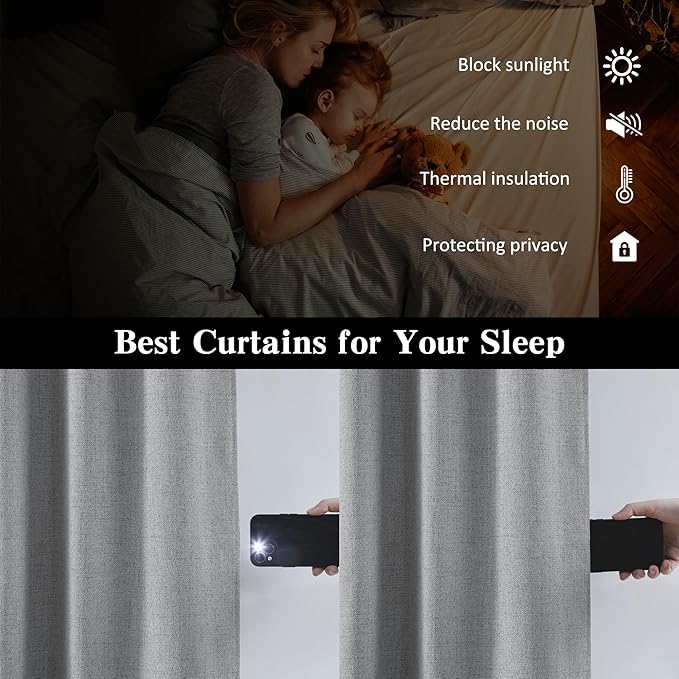 RAIN CITY Long Blackout Curtains 144 Inch Long 2 Panels Grey, Back Tab Pleated Look Drapes for Track System with Hooks, Noise Reducing Spring Blackout Winodw Curtains for Living Room 50x144