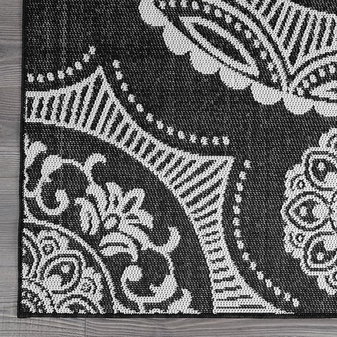 Medallion Outdoor Rug 9x12 Washable Outside Carpet for Indoor Patio Porch Waterproof Easy Cleaning Non Shedding Area Rugs Black 9 x 12