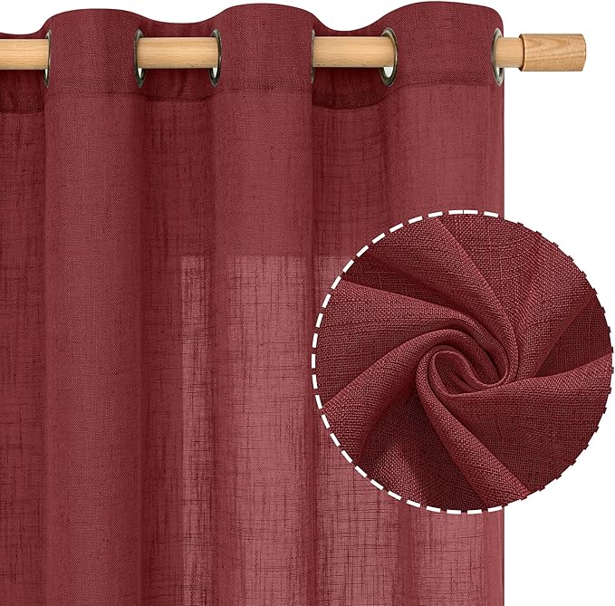 LAMIT Burgundy Red Linen Curtains 48 Inch Length 2 Panels, Light Filtering Semi Sheer Panels Bronze Grommet Christmas Decor Drapes for Small Windows/Kitchen/Bedroom, 34 x 48 Inch