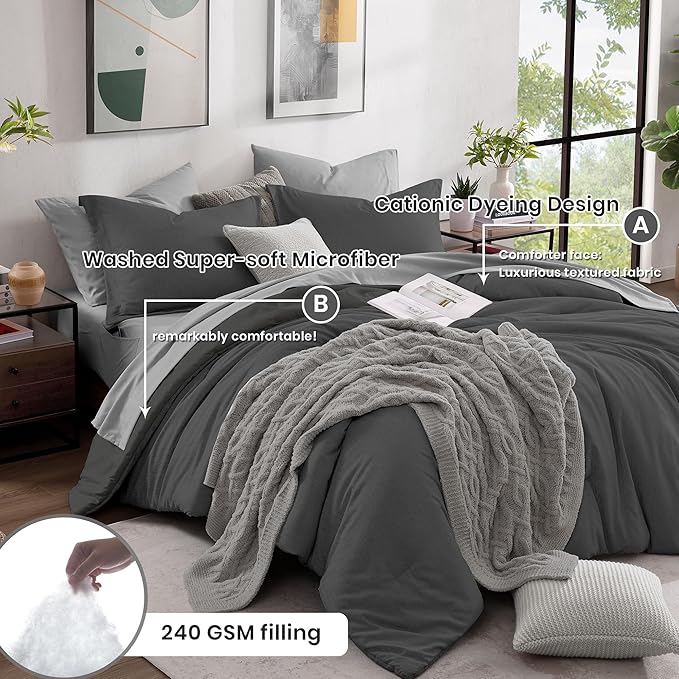 Monbix King Size Comforter Set, Dark Grey King Size Bed Set Reversible 7 Pieces, Cationic Dyeing Bed in a Bag with Comforter, Sheets, Pillowcases & Shams