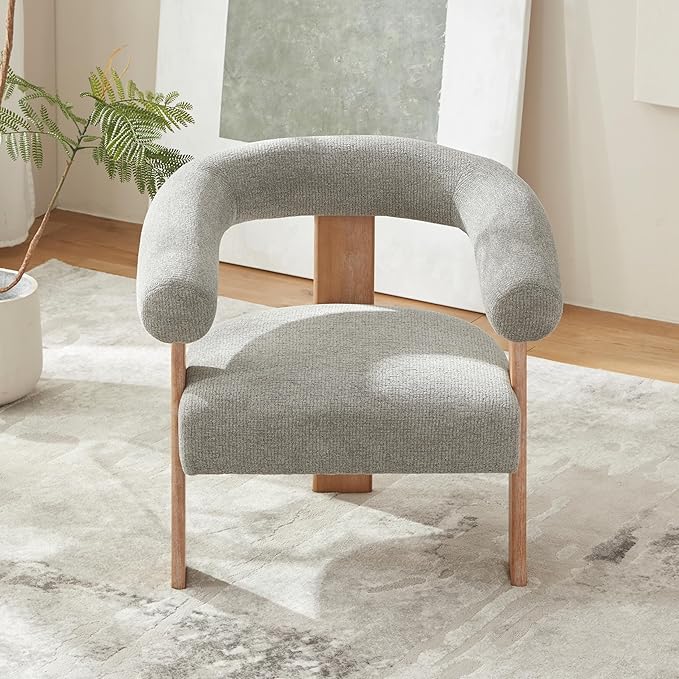 VKNOW Accent Chair Living Room Chair Set of 2, Modern Upholstered Armchair with Solid Wood Legs, Comfy Barrel Arm Chairs for Living Room Bedroom, Light Grey