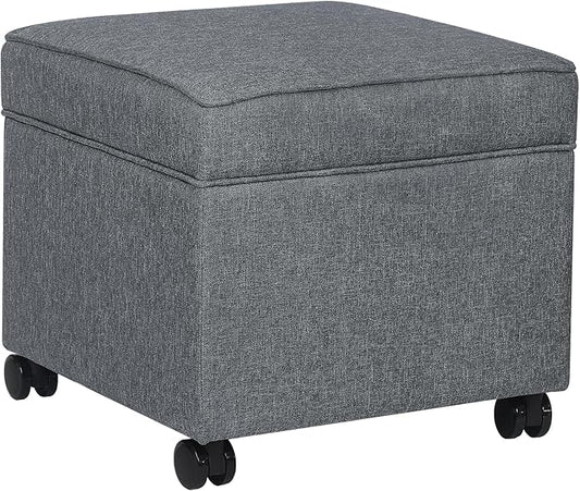 Adeco 17.5" Square Fabric Ottoman with Storage, Upholstered Cotton Linen Foot Rest, Flip Top Footstool, Small Cube Coffee Table Extra Seat for Living Room, Bedroom, Grey with Rolling Legs