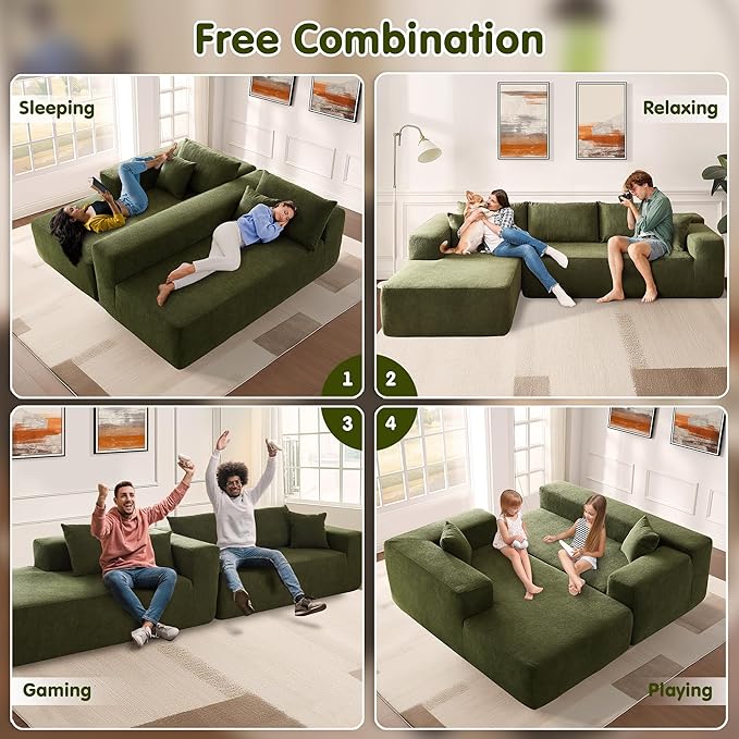 ovios 104" Cloud Sectional Couch with L-Shape Chaise,Modern Modular Sofa with Deep Seat, Upholstered Couches for Living Room Bedroom,No Assembly Required, Green (Cloud Velvet)